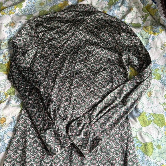 70s Wayne Rogers Shirt Nylon Designer Green Multiprint zipper M Button Vintage - Picture 8 of 8